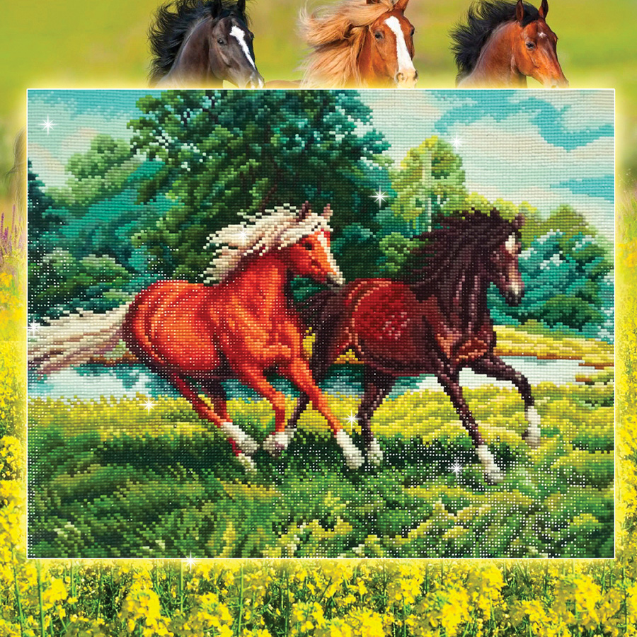 Taie D’oreiller En Coton Bleu Avec Broderie Main Point De Croix, Motif Cheval Au Galop