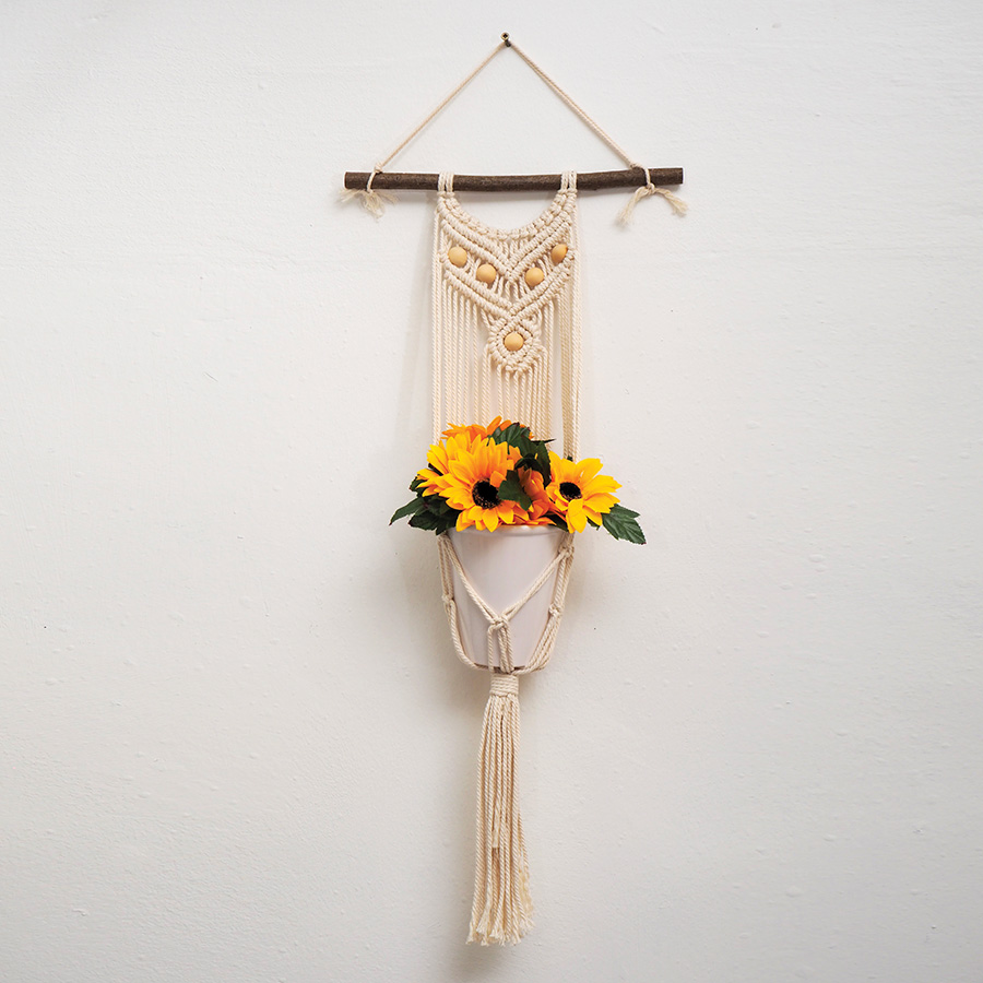 Ancienne Suspension Murale Macramé Vintage Des Années 70, Grande Taille 50x24 Pouces, Fabriquée Main En Corde De Jute Lourde Avec Perles En Bois Et Tiges En Bois, Décoration Bohème