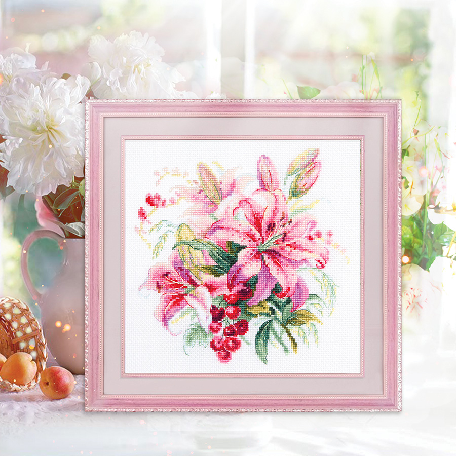 Broderie Point De Croix Vintage Fleurs Pink Éclat – 27x35 Cm – Fait Main