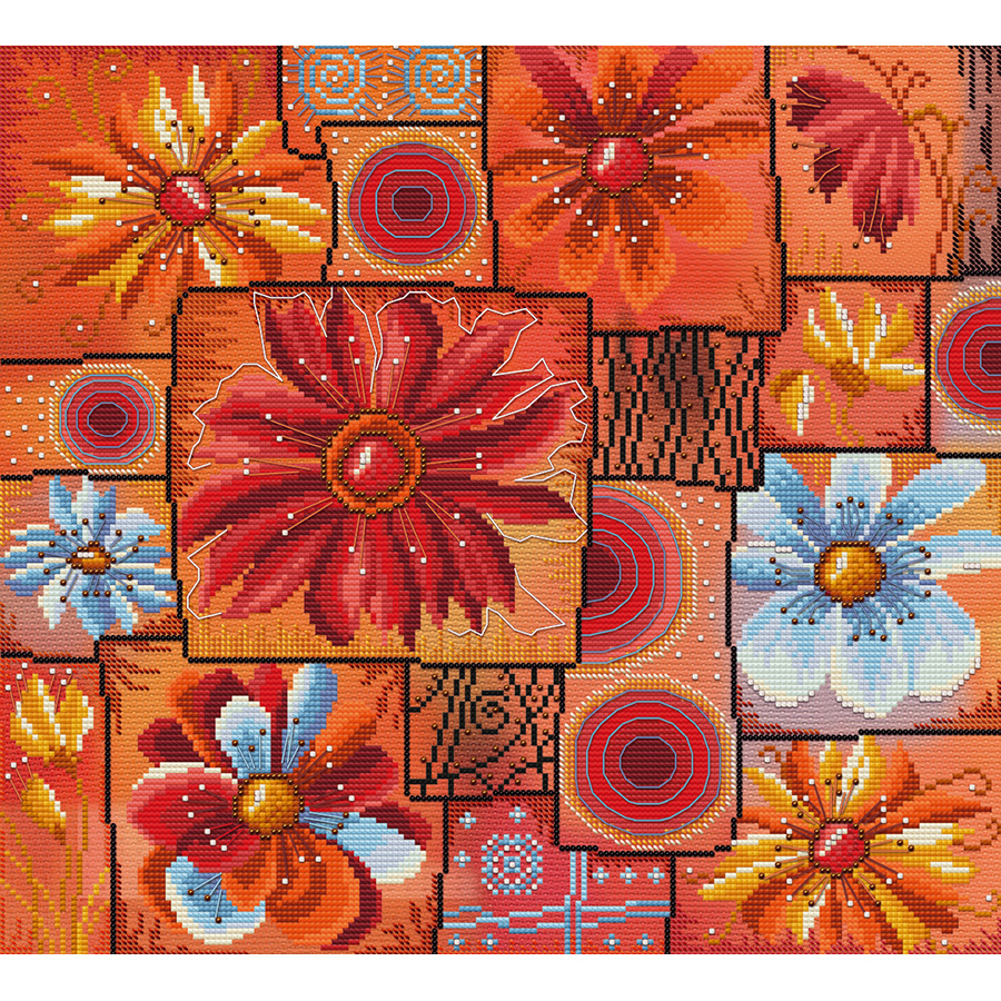 Kit broderie point de croix avec perles - Mosaïque de fleurs