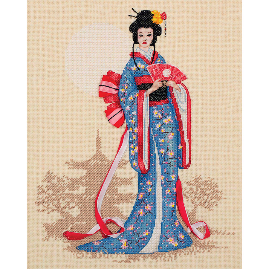 Kit Broderie Point De Croix Pré-Imprimé 11CT Kimono Japonais Femme – 40x50 Cm, Fil Coton Complet, Idéal Débutant