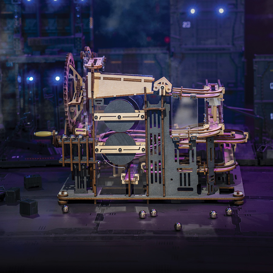 ROKR - Circuit à Billes Électrique 3 En 1 - Maquette Bois à Construire - Spaceport, Night City, Link Pack