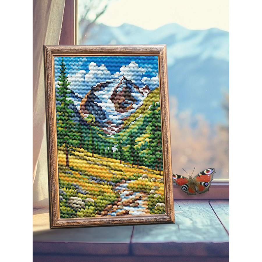 Canevas Broderie Point De Croix Kit Complet, Paysage Sous La Montagne Enneigée, G, 40*50CM DIY 11CT Arts Crafts Kits De Couture à La Main Broderie