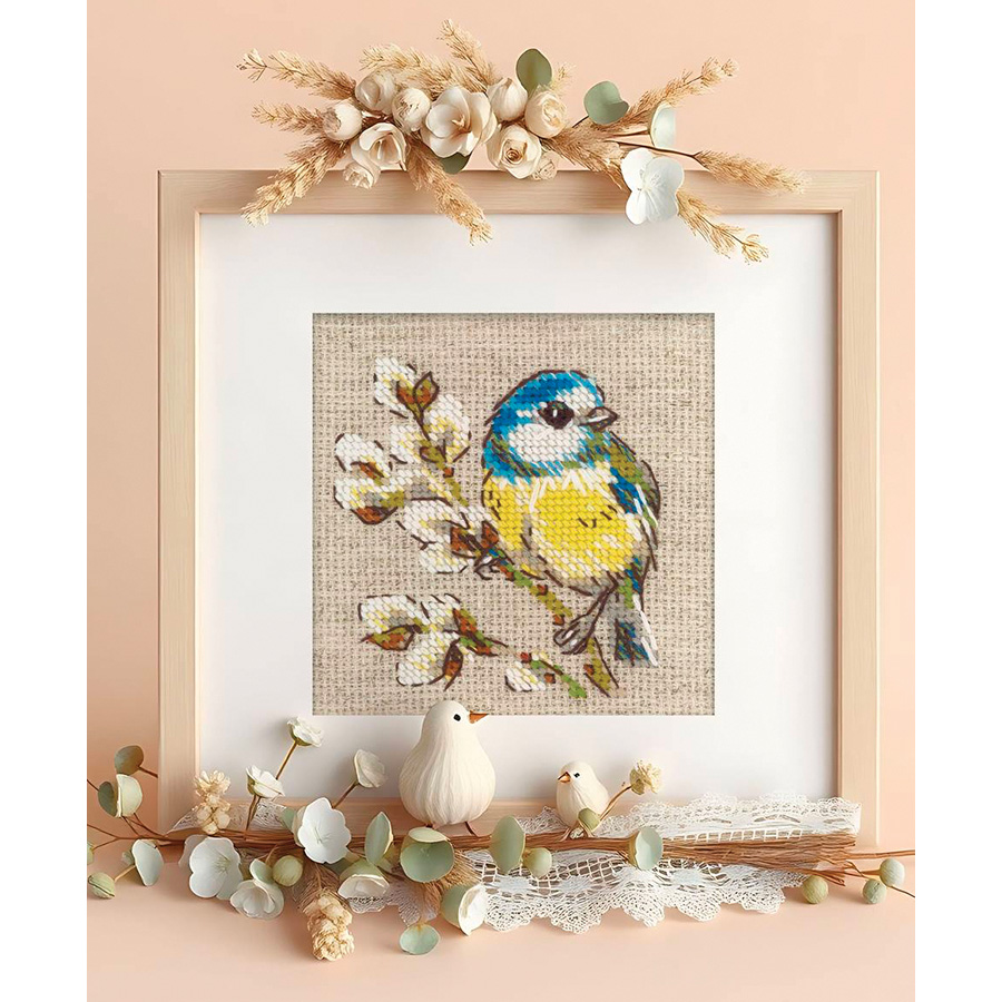 Kit Point De Croix Zweigart Edition Mésange Bleue Et Cerise - 25 X 35 Cm, 34 Couleurs, Tissu Aida 14