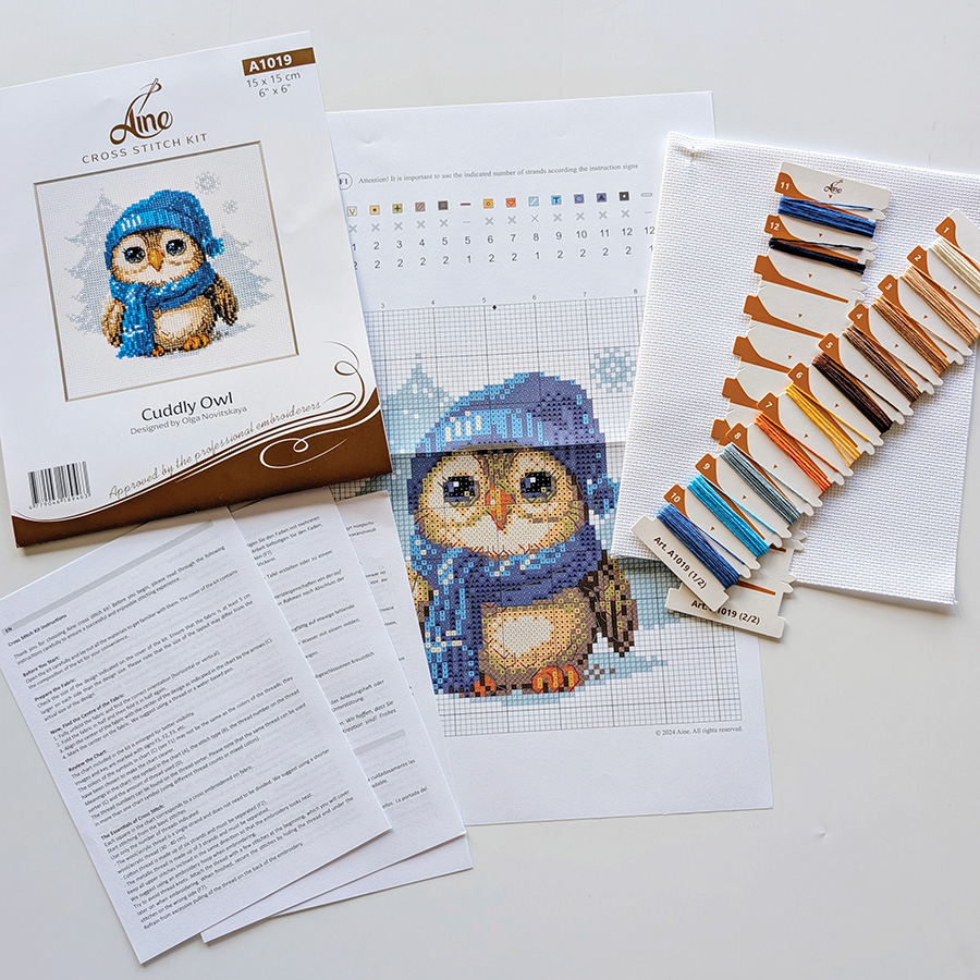 Kit Broderie Point De Croix Chouette - Tissu Imprimé 40x40cm - Fil Et Aiguille Inclus - Abillyn