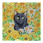 Carte broderie Diamant - Crystal Art D.I.Y - Chat noir parmi les fleurs