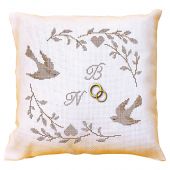 Kit de coussin à broder - La planète mauve - Mariage oiseaux et coeurs