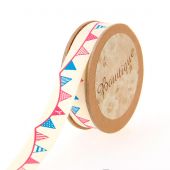 Ruban coton en bobine - Bowtique - Ruban coton écru imprimé fanions - 15 mm x 5 m 