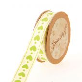 Ruban coton en bobine - Bowtique - Ruban coton écru imprimé coeurs verts - 15 mm x 5 m 
