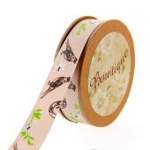 Satin en bobine - Bowtique - Satin double face imprimé fleurs et oiseaux - 15 mm x 5 m 