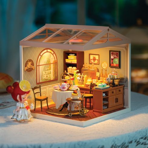 Rolife Maison de Poupée Salon de Thé Temps Libre DIY Maison Miniature Kit avec Lumières Kits Maison de Poupées Structure Ouvrable Cadeau de Noël et d' Anniversaire
