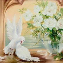 Kit de broderie Diamant - Diamond Painting - Couple de colombes et roses blanches