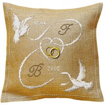 Kit de coussin à broder - Aux 4 points du monde - Mariage les oiseaux au ruban