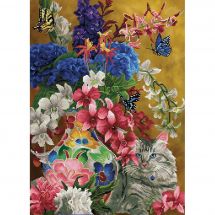 Kit de broderie Diamant - Diamond Dotz - Chat et fleurs dorés