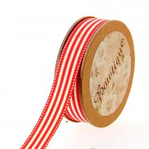 Ruban coton en bobine - Bowtique - Ruban coton écru imprimé rayures rouges - 15 mm x 5 m 