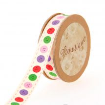 Ruban coton en bobine - Bowtique - Ruban coton écru imprimé boutons multicolores - 15 mm x 5 m 