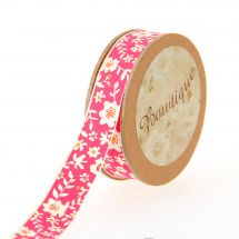 Ruban coton en bobine - Bowtique - Ruban coton rose imprimé fleurs blanches - 15 mm x 5 m 