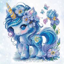 Fiche Point de Croix - Les petites croix de Lucie - Licorne fleurs bleues