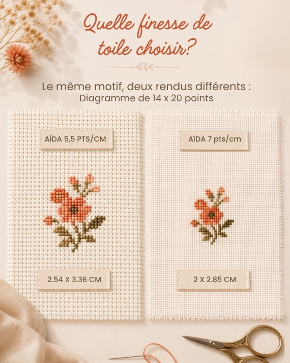 Même motif de point de croix brodé sur toile Aïda 5,5 et 7 points par centimètre