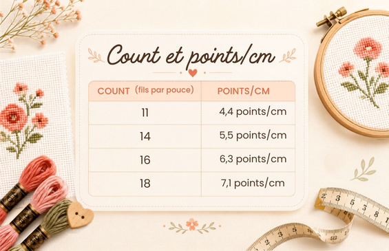 Tableau de conversion count et points par centimètre pour le point de croix