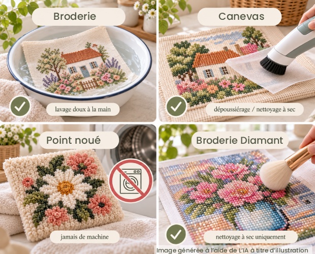 Entretien d'une broderie, d'un canevas, d'un ouvrage au point noué et d'une broderie Diamant
