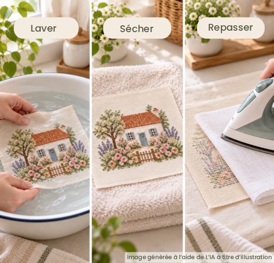 Étapes pour laver, sécher et repasser une broderie avec une pattemouille