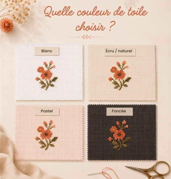 Même motif de point de croix présenté sur plusieurs couleurs de toile