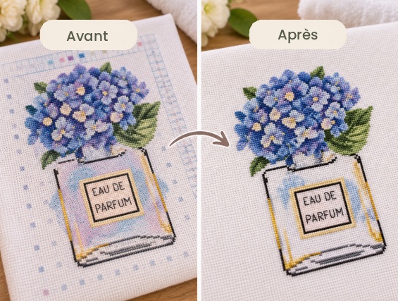 Broderie sur toile imprimée avant et après lavage pour retirer l'impression