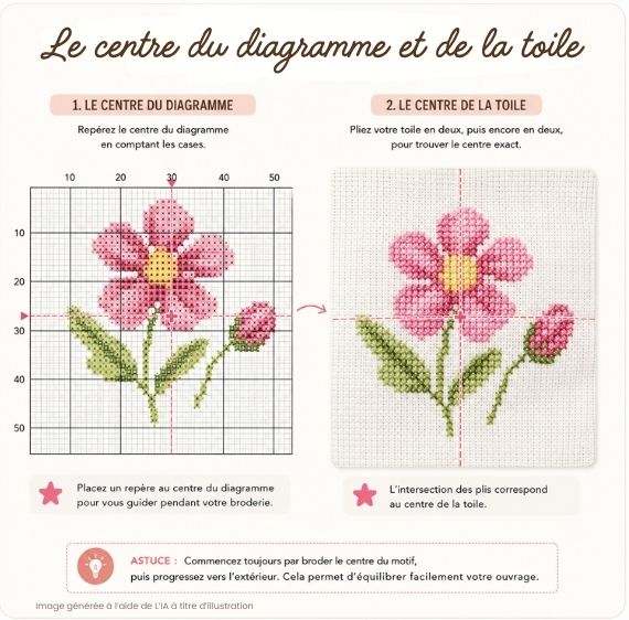 Repérer le centre d'un diagramme de point de croix et le centre de la toile