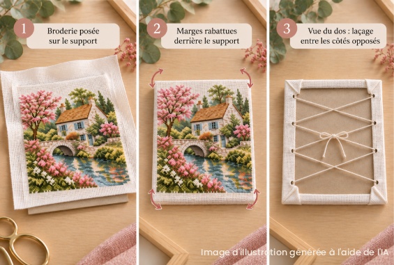 Étapes pour centrer, tendre et lacer une broderie avant encadrement