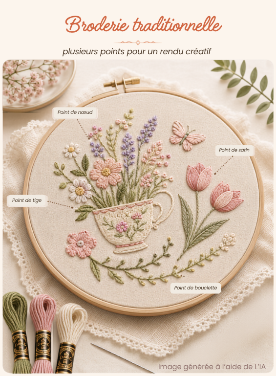 Broderie traditionnelle réalisée avec différents points de broderie