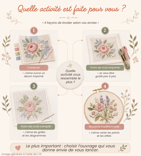 Guide pour choisir entre canevas, point de croix imprimé, point de croix compté et broderie traditionnelle