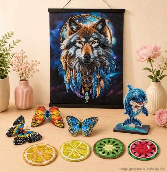 Figurines, sous-verres, bannières et supports à diamanter