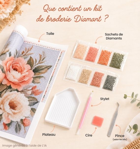 Contenu d’un kit de broderie Diamant avec toile, Diamants, stylet, cire et plateau