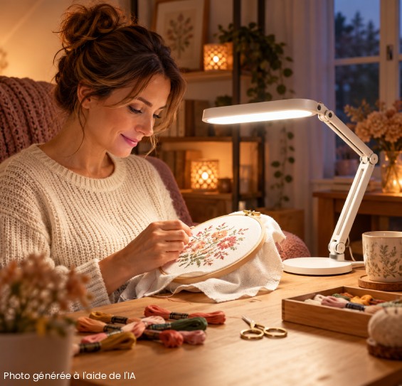 Personne brodant confortablement en soirée avec une lampe orientable éclairant son ouvrage
