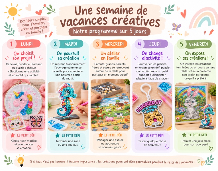 Programme de vacances créatives sur cinq jours : choisir, avancer, partager, découvrir et exposer ses créations