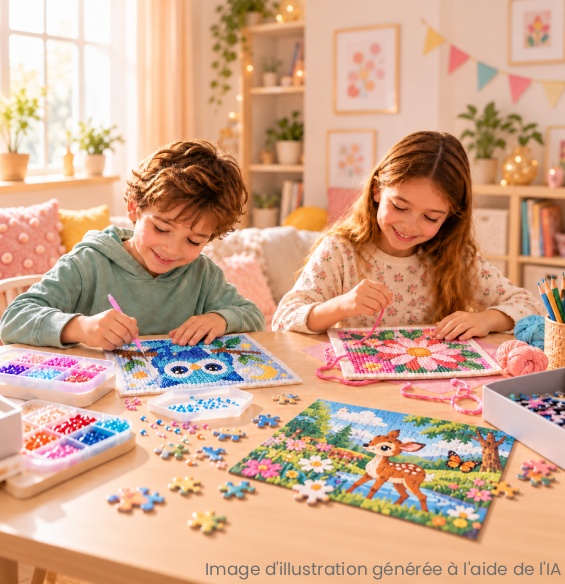 Deux enfants réalisant un canevas et une broderie Diamant à la maison pendant les vacances scolaires