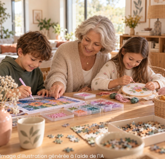 Grand-mère moderne partageant un atelier créatif avec ses petits-enfants pendant les vacances